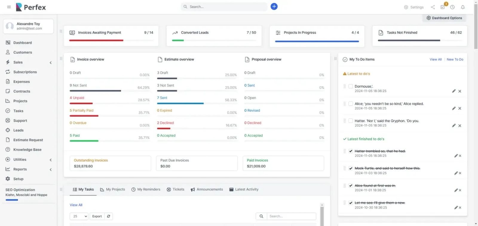 Perfex CRM vezérlőpult: számlák, ajánlatok, leadek és projektek áttekintése